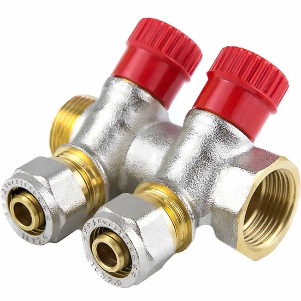 Коллектор Aquasfera 7018-02 3/4″ Ду20 Py16 выходов 3x16 мм обжим с регулирующими клапанами, красные ручки для МП труб, вн/нар резьба, корпус латунь, с межосевым расстоянием выходов 35 мм Коллектор Aquasfera 7018-02 3/4″ Ду20 Py16 выходов 3x16 мм обжим с регулирующими клапанами, красные ручки для МП труб, вн/нар резьба, корпус латунь, с межосевым расстоянием выходов 35 мм