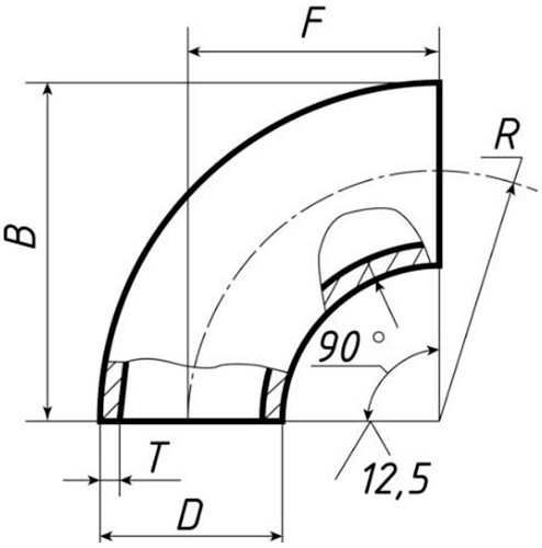 Отвод бесшовный крутоизогнутый 90° Св-Св-Ст20 5″ Ду125 Ру40 ГОСТ 17375-2001 исполнение 2, наружный диаметр - 133мм, толщина стенки - 4мм, корпус - сталь 20, присоединение - под приварку