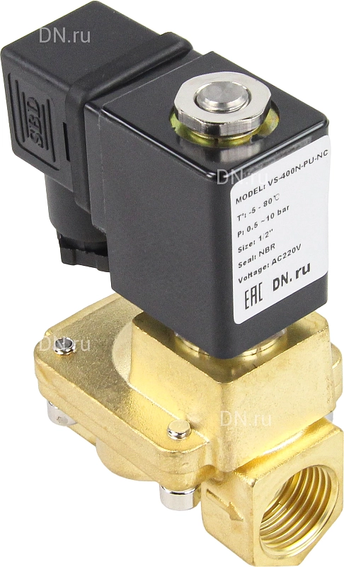 Клапан электромагнитный 3/8″ Ду10 Ру16 пилотного действия двухходовой, корпус - латунь, присоединение - внутренняя резьба, уплотнение - NBR, нормально-закрытый, катушка - 24В AC (VS400-NT-NC-24VAC)