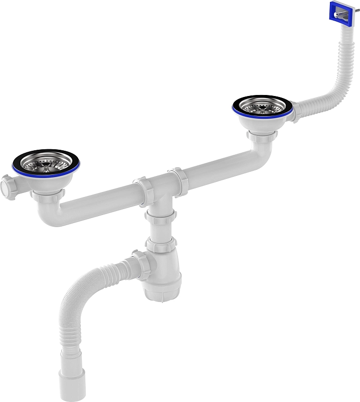 D0148 Сифон для мойки сдвоенный 3 1/2 дюйм x 40 с прямоугольным переливом с гибкой трубой 40х40/50