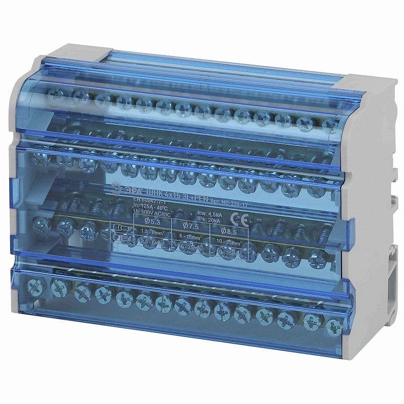 Шины на DIN-рейку ЭРА NO-224-17 в корпусе кросс-модуль ШНК 4х15 3L+PEN, количество полюсов - 4, количество зажимов на полюс - 15 Б0043935